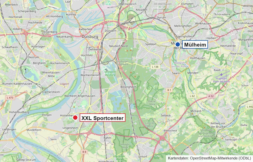Karte mit Mülheim an der Ruhr im Osten und dem XXL Sportcenter im Süden von Duisburg